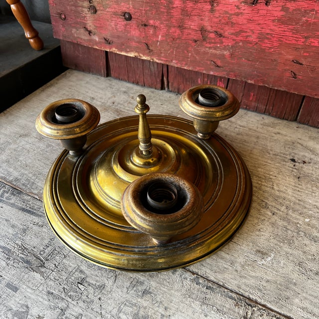 American Vintage Brass 3-Arm Chandelier Base With Patina Finish 12" Diameter Intricate Design For Sale - Image 3 of 17