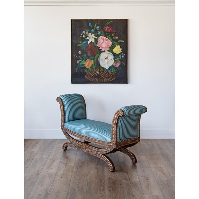 French Antique French Curule Style Bench – Carved Wood Frame in Schuyler Samperton Fabric For Sale - Image 3 of 4