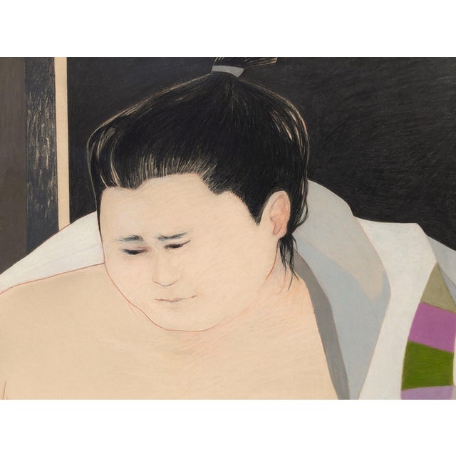 Modern pastel drawing of a sumo wrestler resting after a match with a kimono or blanket draped over his shoulders. Signed...