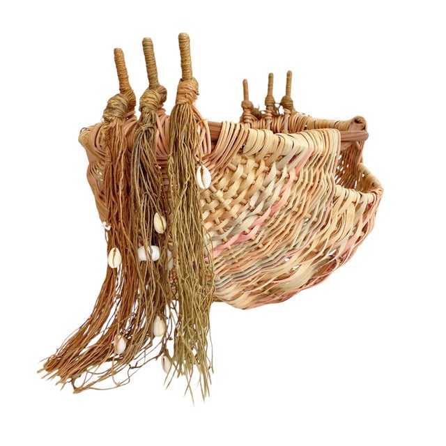 American 1980s Handwoven Twig Handle Nautical Colorful Basket With Tassels & Shells For Sale - Image 3 of 7