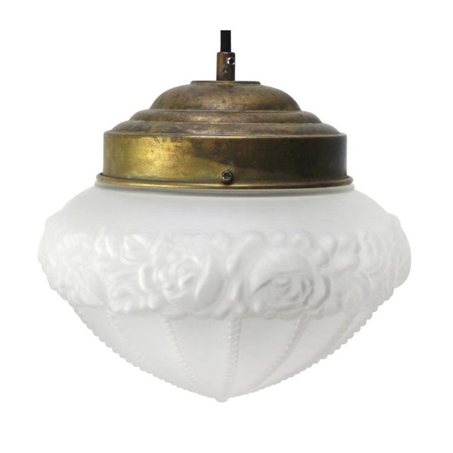 Vintage Industrial Frosted Glass and Brass Pendant Lamp For Sale - Image 9 of 9