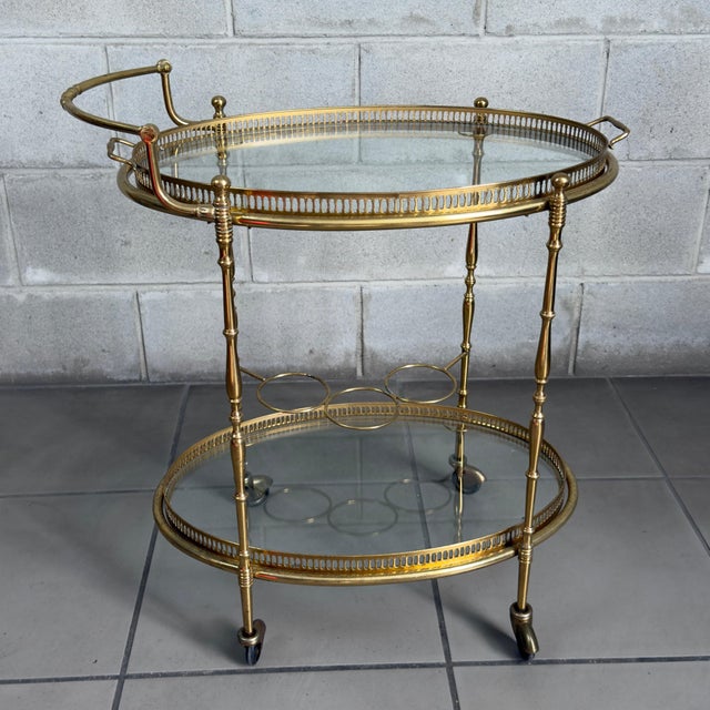 Vintage Brass Glass Food Cart in the style of Maison Jansen, 1960s For Sale - Image 4 of 15