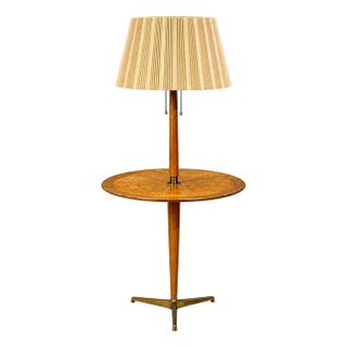 1940s Mid-Century Modern Edward Wormley, Rare Snack Floor Lamp, Wood, Brass For Sale