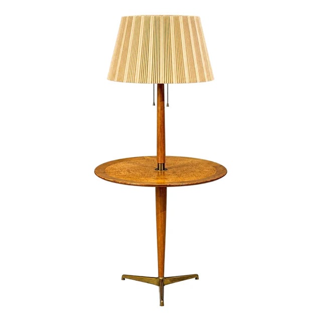 1940s Mid-Century Modern Edward Wormley, Rare Snack Floor Lamp, Wood, Brass For Sale