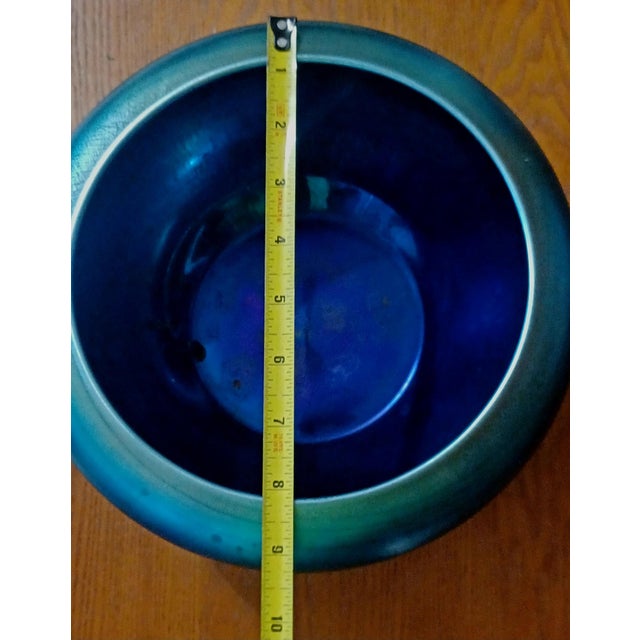 Antique Steuben Blue Aurene Iridescent Peacock Teal Glass 9.25" Squat Centerpiece Bowl For Sale - Image 9 of 12