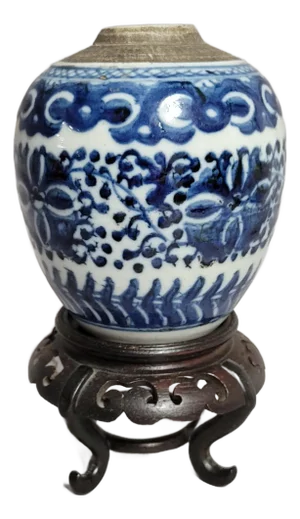 18th Century Chinese Qianlong Blue and White Porcelain Ginger Jar With Stand