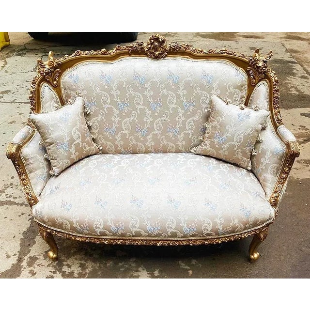 French Style Tan Sofa With 2 Pillows and Gold Details For Sale - Image 4 of 8