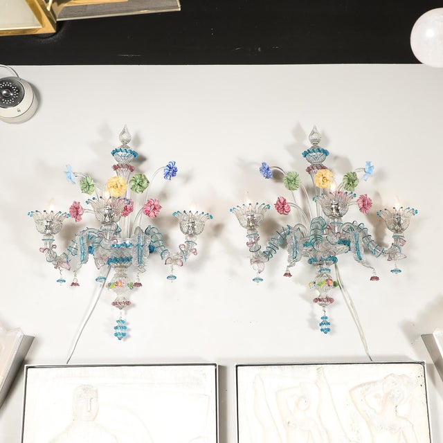 1950s Mid-Century Hand-Blown Murano 3-Arm Classical Wall Sconces - a Pair For Sale In New York - Image 6 of 18