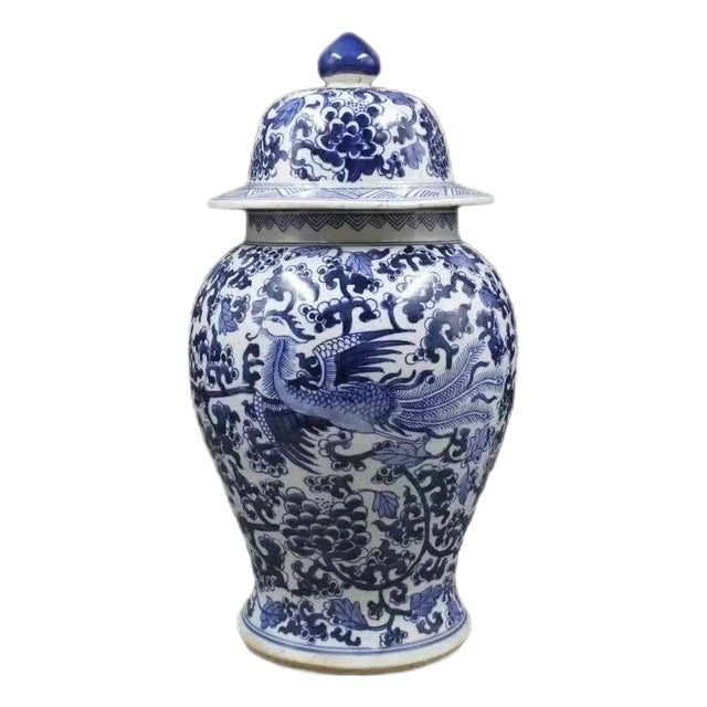 Antique Chinese Ceramic Pot Qing Dynasty Kangxi Marked Blue and White Porcelain Ginger Jar Hand Painted Flowers and Phoenix Pattern For Sale