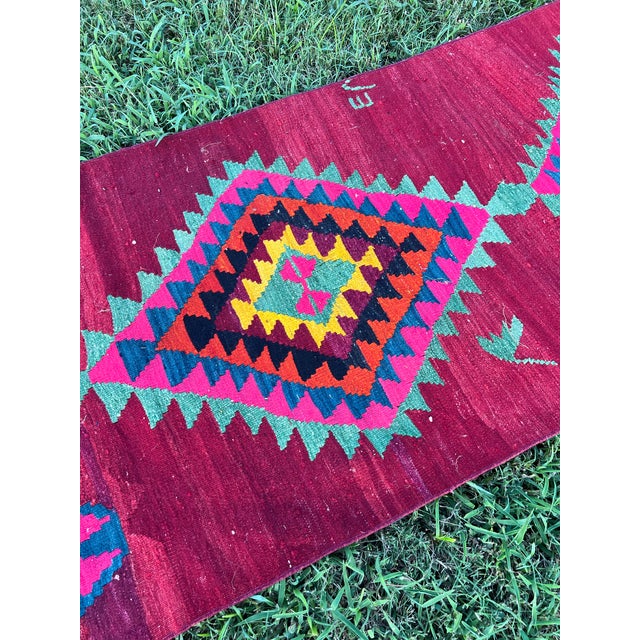 1950s 1950s Ruby Red Color Diamond Pattern Flatweave Kilim Rug For Sale - Image 5 of 8