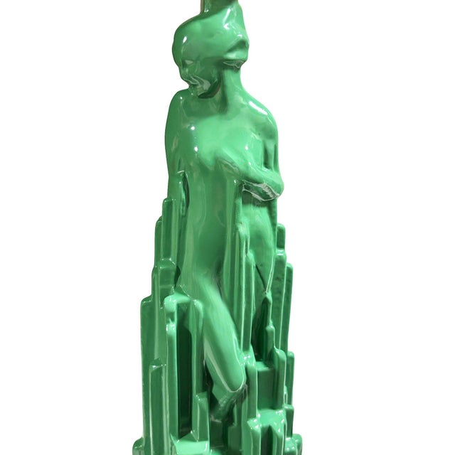 Green 1970s Re-Editon Art Deco Frankart "Spirit of Modernism" L215 Spelter Metal Table Lamp For Sale - Image 8 of 10