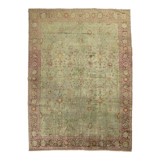 Early 20th Century Green Background Persian Tabriz Rug - 9'4" x 11'9" For Sale