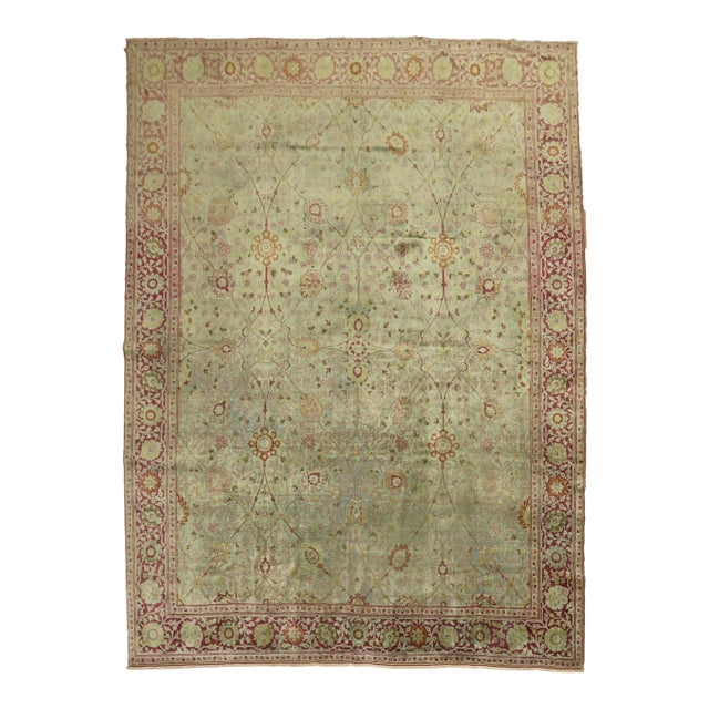 Green Background Persian Tabriz Rug rug no.j1615 For Sale