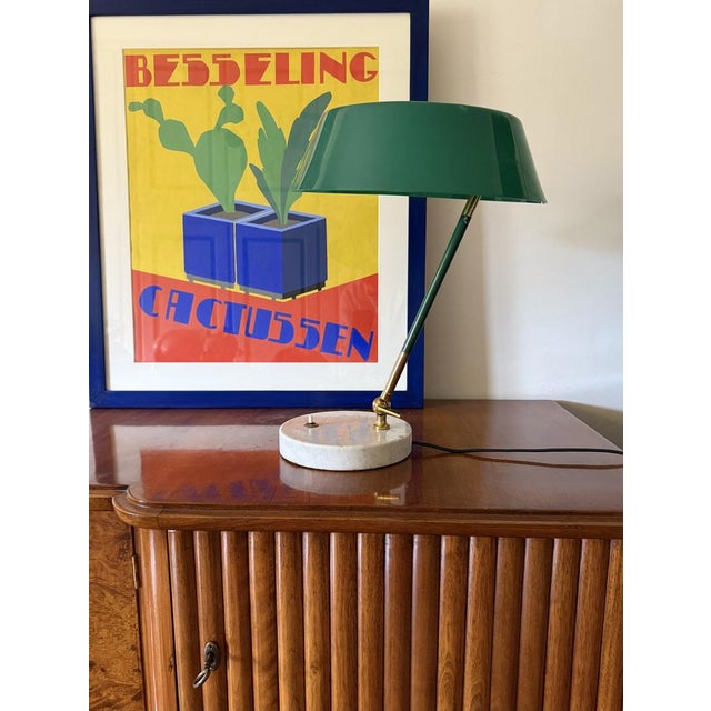 Mid-century table lamp, Green acrylic glass domed shade. Stilux, Milano Italy, 1960s Carrara marble base, brass, acrylic...