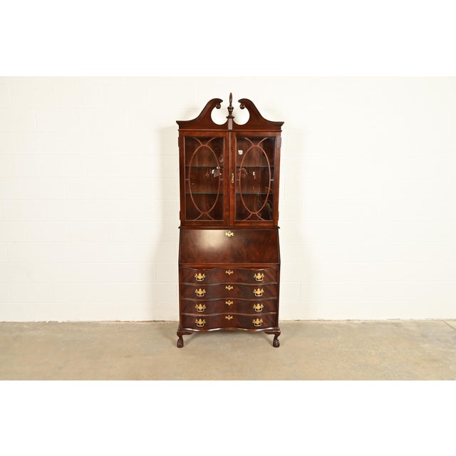 English Chippendale Flame Mahogany Drop Front Secretary Desk With Lighted Bookcase Hutch by Jasper Cabinet Co. For Sale - Image 3 of 18