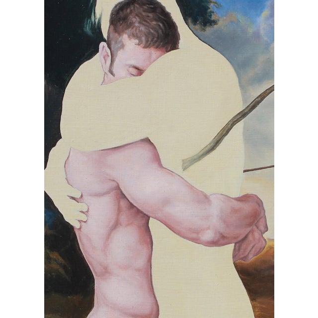 The Embrace by John Tarantola | Oil on Panel Painting of two figures embracing with surreal elements For Sale - Image 4 of 5