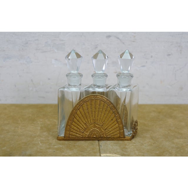 Late 19th Century Antique French Art Deco Gilt Bronze Crystal Perfume Decanter Bottle Caddy Set 5" For Sale - Image 5 of 17