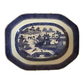 19th Century Chinese Export Canton Blue & White Porcelain Platter For Sale
