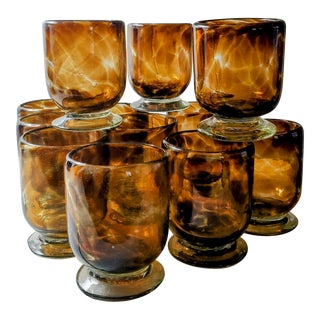 Vintage Mexican Tortoise Shell Pattern Footed Shorties Tumblers Glassware- Set of 12 For Sale