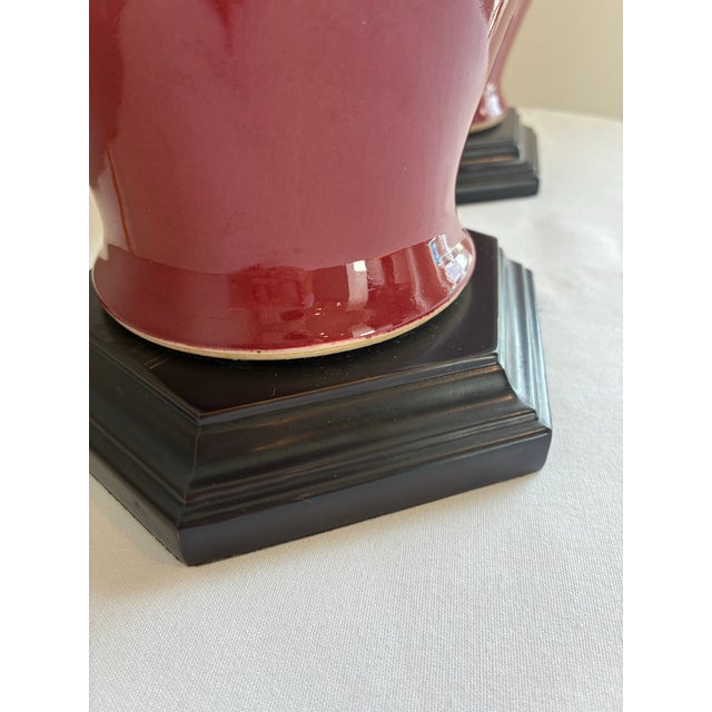 Wood Vintage Oriental Accent Co. Sang De Boeuf / Oxblood Red Porcelain Baluster Table Lamps - a Pair For Sale - Image 7 of 12