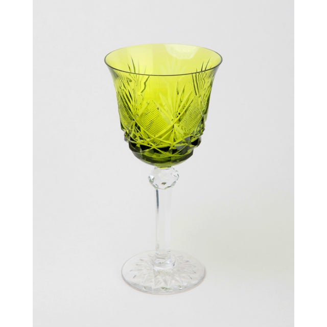Vintage Bohemian Lime Peridot Cut to Clear Wine Water Goblet, 1950s, Set of 10, in Flawless conditions. Designed 1950 to 1959