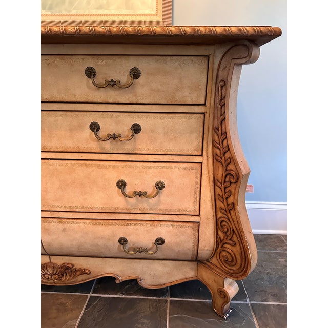 French Provincial Vintage Sherrill Furniture Leather-Wrapped French Provincial Bombé Chest, Attributed For Sale - Image 3 of 7