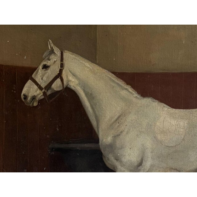 1891 “Grey Hunter in a Loose Box Stall” Antique Equestrian Horse Painting Oil on Canvas by Alfred Grenfell Haigh For Sale - Image 4 of 10