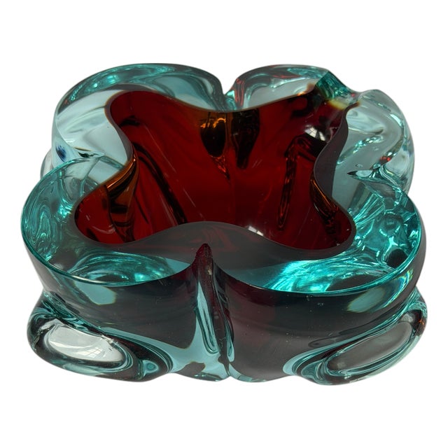 1960s Italian Murano Sommerso Ruby Red & Aqua Art Glass Bowl / Ashtray For Sale