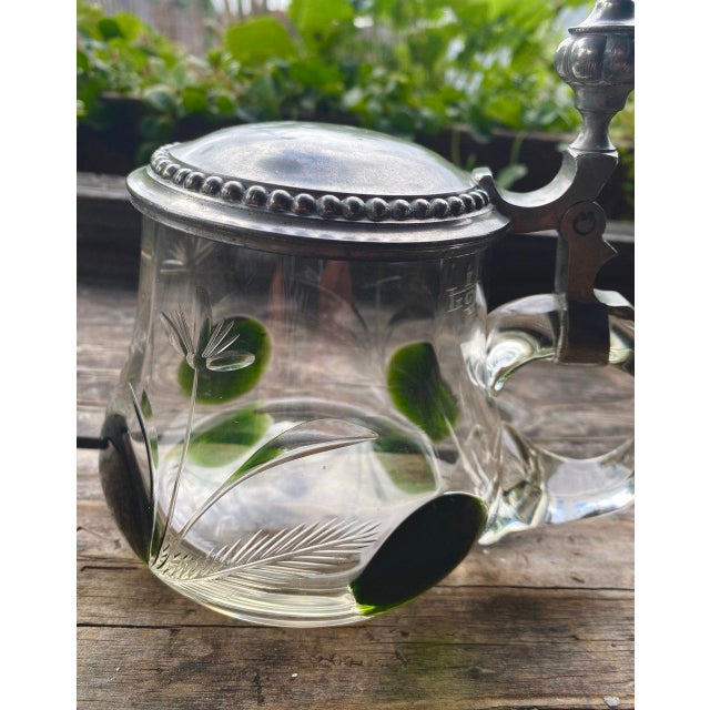 Antique German Jugendstil Glass Beer Stein With Green Applied Glass & Pewter Lid, Circa 1900 For Sale In San Francisco - Image 6 of 16