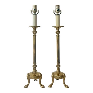 1960s Mid Century Attributed to Frederick Cooper Brass Candlestick Style Table Lamps on Tripodal Legs With Paw Feet For Sale