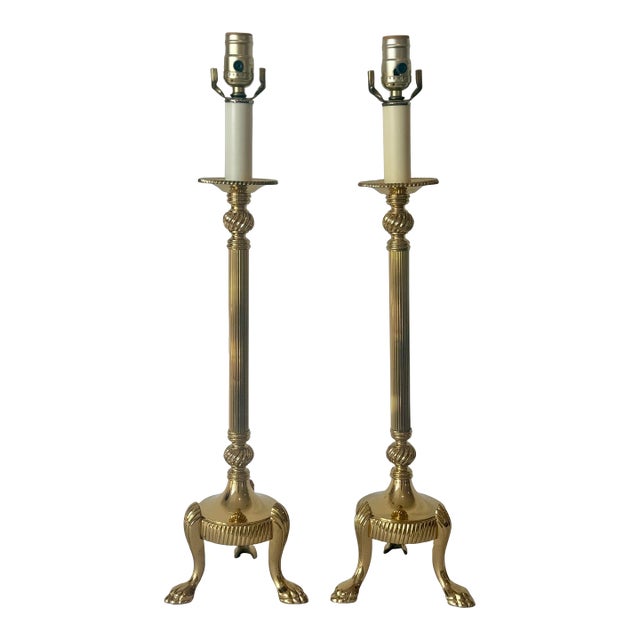 1960s Mid Century Attributed to Frederick Cooper Brass Candlestick Style Table Lamps on Tripodal Legs With Paw Feet For Sale