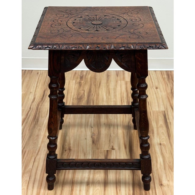English Antique English Carved Oak Side Table Circa 1900 For Sale - Image 3 of 14