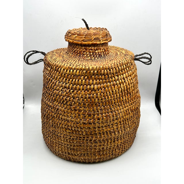 A handwoven Apache tus with a rounded body, narrow neck, and fitted woven lid. A horsehair loop tops the lid, with braided...