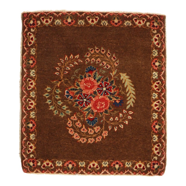 Antique Kashan Brown L Wool Persian Rug With Floral Medallion For Sale