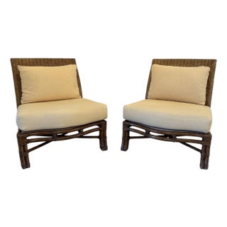 Vintage Coastal Woven Leather & Rattan Slipper Chairs, a Pair For Sale