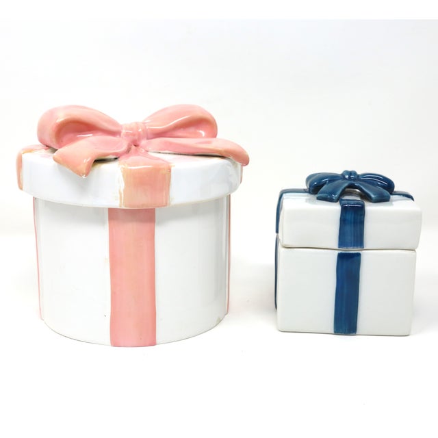 Ceramic Gift Box Containers With Pink & Blue Bows - Matched Pair For Sale - Image 9 of 14