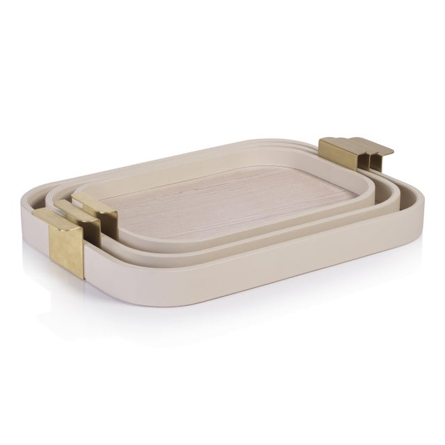 An elegant rectangular leather tray, crafted with rounded corners, matte gold stainless steel side handles, and a poly...