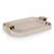 An elegant rectangular leather tray, crafted with rounded corners, matte gold stainless steel side handles, and a poly...