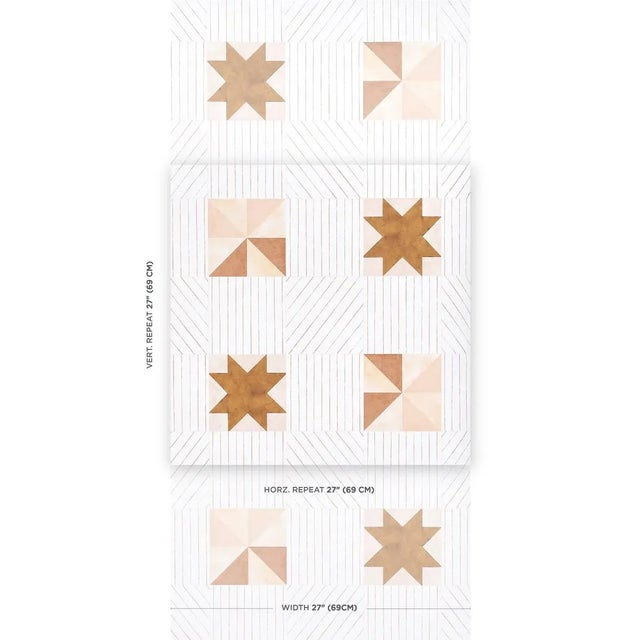 The elegant geometries of quilts inspired Alexander wallpaper, a simple grid of pinwheel and rolling star motifs...