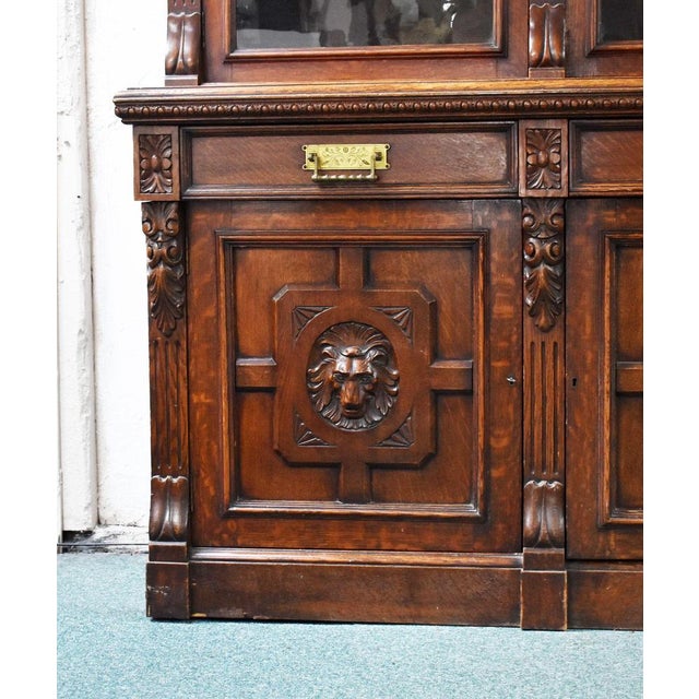 Victorian Three Door Bookcase in Carved Oak, 1880 For Sale - Image 4 of 12