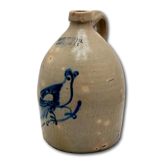 American Hard 2 Find Small 1 Gallon Size Antique American Blue Bird Decorated Stoneware Jug by Haxton Ottman New York For Sale - Image 3 of 18