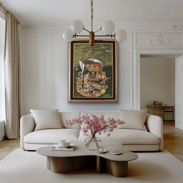 Original Hand-Painted Silk Art - Noah’s Ark Religious Illustration- Large Vintage Gold-Framed Maritime Scene For Sale - Image 11 of 12