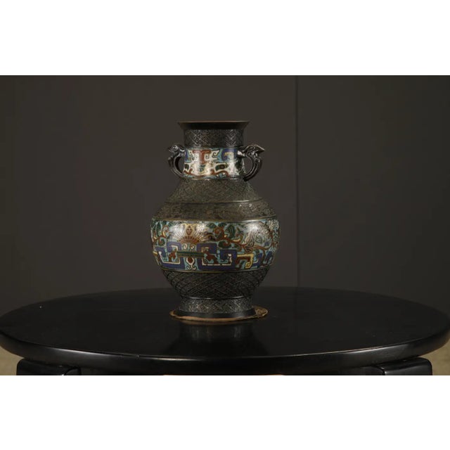 Japanese Cloisonné Bronze Vase With Archaistic Bird Handles, C 1920 to 1940s For Sale - Image 4 of 14