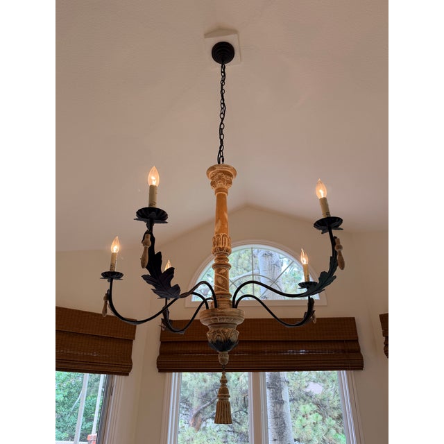Spanish Spanish Colonial Style Iron & Carved Wood Five-Light Chandelier For Sale - Image 3 of 9
