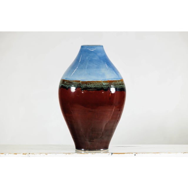 Large Glazed Ceramic Vase with Blue, Green, and Brown Tones For Sale - Image 4 of 12