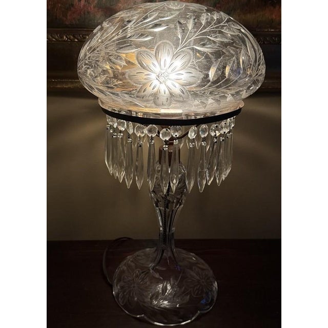 Antique Wheel Cut Crystal Mushroom Shade Table Lamp W Lustres 19", Art Deco 1930 For Sale In Philadelphia - Image 6 of 8