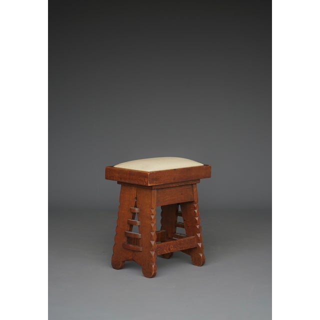 Amsterdam School Oak and Linen Stool in the manner of Architect CJ Blaauw, 1920s For Sale - Image 4 of 11