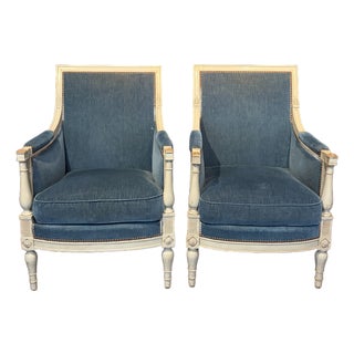 Antique French Neoclassical Painted Armchairs or Bergères in Blue Mohair- A Pair For Sale
