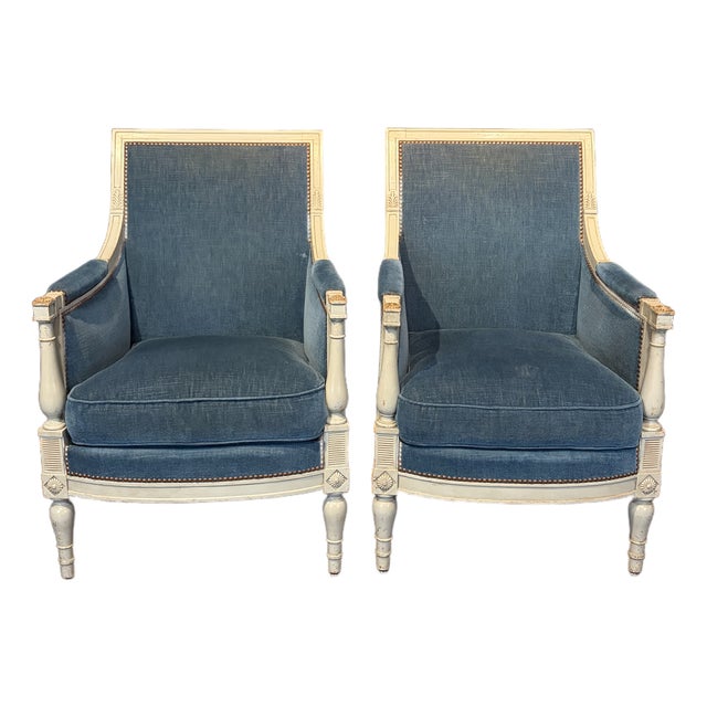 Antique French Neoclassical Painted Armchairs or Bergères in Blue Mohair- A Pair For Sale