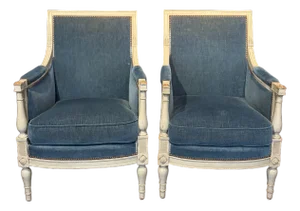 Antique French Neoclassical Painted Armchairs or Bergères in Blue Mohair- A Pair